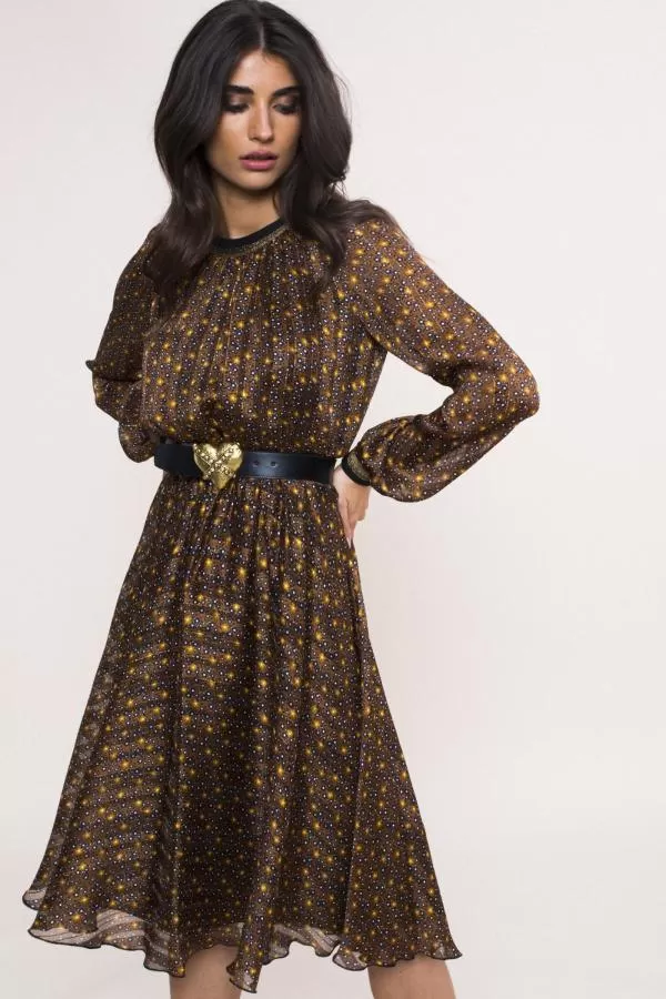 Rochie casual Nissa EU 38 | Auriu, Midi, Mânecă lungă, Satinat, Poliester - Image 4