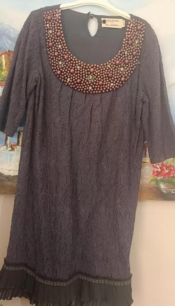 Rochie casual Lollipops EU 36 | Gri, Midi, Mânecă trei sferturi, Abstract & Color Block, Pietre decorative, Pânză - Image 3