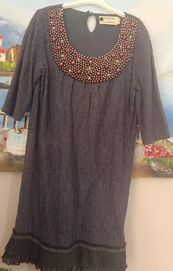 Rochie casual Lollipops EU 36 | Gri, Midi, Mânecă trei sferturi, Abstract & Color Block, Pietre decorative, Pânză - Image 4
