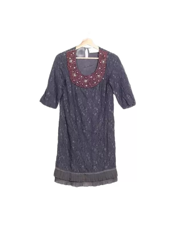 Rochie casual Lollipops EU 36 | Gri, Midi, Mânecă trei sferturi, Abstract & Color Block, Pietre decorative, Pânză