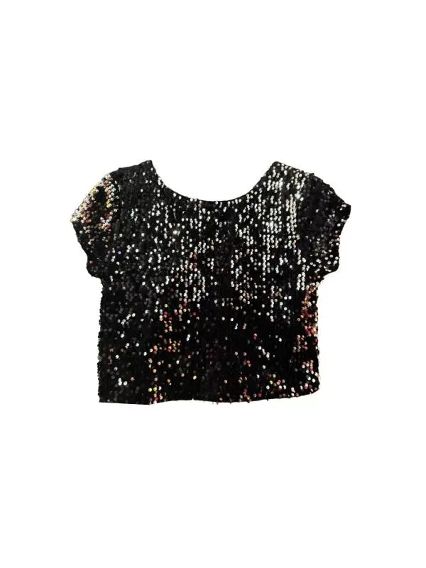 Top cropped FB SISTER EU 36 | Negru, Cropped (Scurt), Mânecă scurtă, Paiete, Poliester