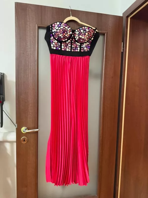Rochie de seară NO BRAND EU 38 | Multicolor, Maxi, Cu umerii goi, Pliuri, Poliester - Image 2
