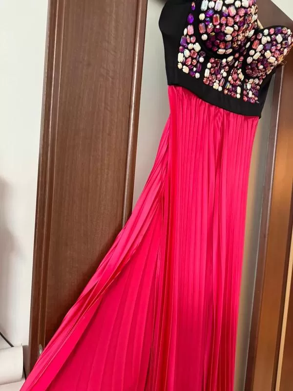 Rochie de seară NO BRAND EU 38 | Multicolor, Maxi, Cu umerii goi, Pliuri, Poliester - Image 3