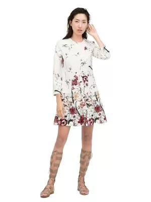 Rochie casual Zara EU 38 | Alb, Midi, Mânecă lungă, Floral & Tropical, Drapat, Poliester