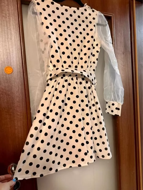 Rochie de seară QUIZ EU 38 | Alb, Mini, Mânecă lungă, Buline & Imprimeuri mici, Transparent, Poliester - Image 4