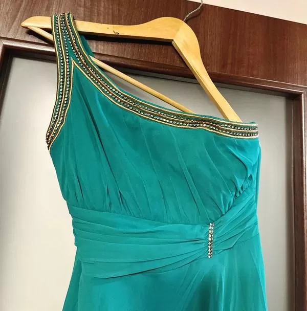 Rochie de ocazie ICRISTINA EU 36 | Turcoaz, Maxi, Cu umerii goi, Tall, Pietre decorative, Vâscoză - Image 3