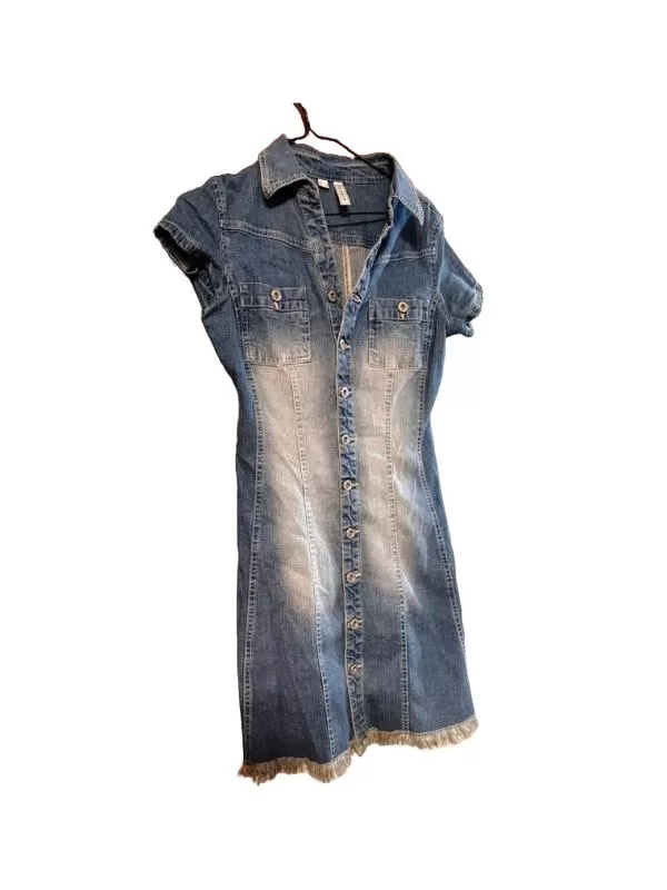 Rochie din denim RAINBOW EU 38 | Albastru, Mini, Mânecă scurtă, Abstract & Color Block, Franjuri, Denim