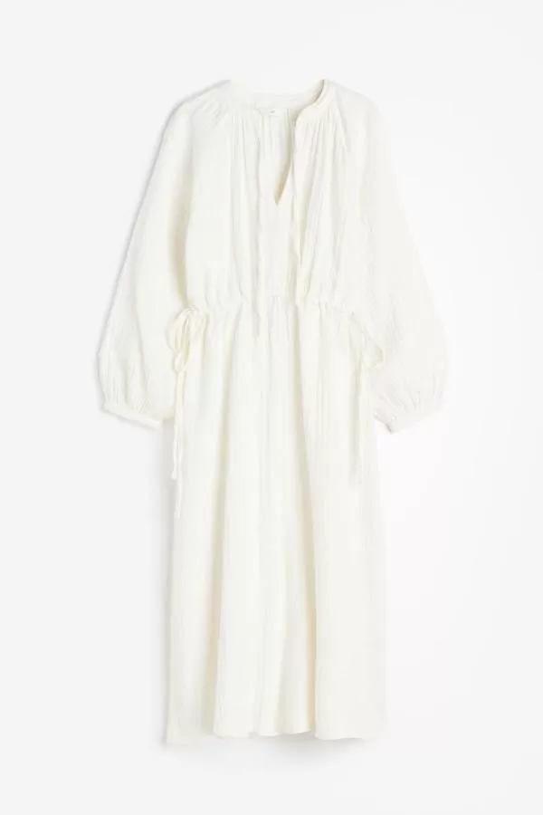 Rochie de vară H&M M | Crem, Midi, Mânecă lungă, Monocrom, Bumbac - Image 2