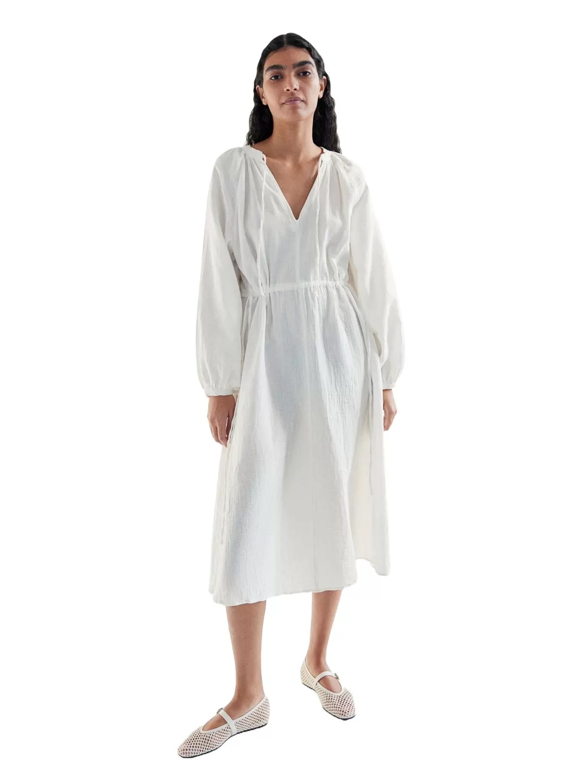Rochie de vară H&M M | Crem, Midi, Mânecă lungă, Monocrom, Bumbac