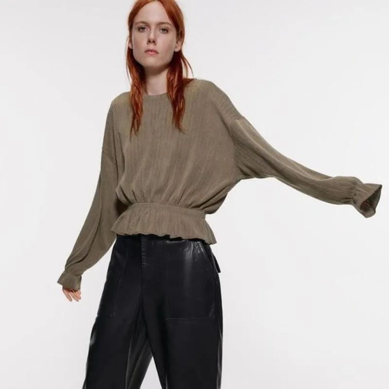 Bluză Zara S | Khaki, Normal, Mânecă lungă, Peplum - Image 5