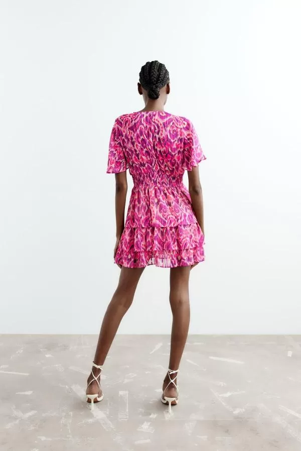 Rochie de vară Zara S | Roz, Mini, Mânecă scurtă, Floral & Tropical, Volane - Image 4