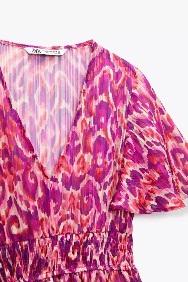 Rochie de vară Zara S | Roz, Mini, Mânecă scurtă, Floral & Tropical, Volane - Image 6