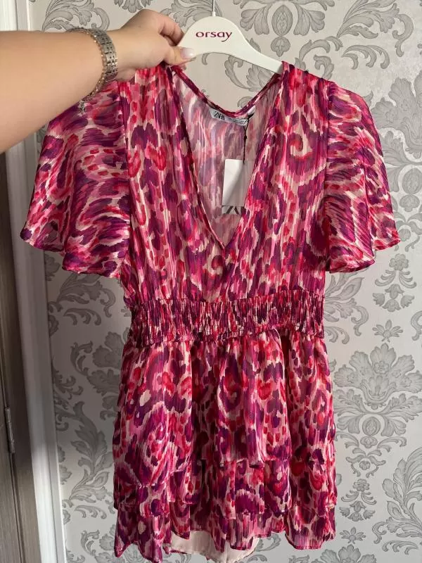 Rochie de vară Zara S | Roz, Mini, Mânecă scurtă, Floral & Tropical, Volane - Image 7