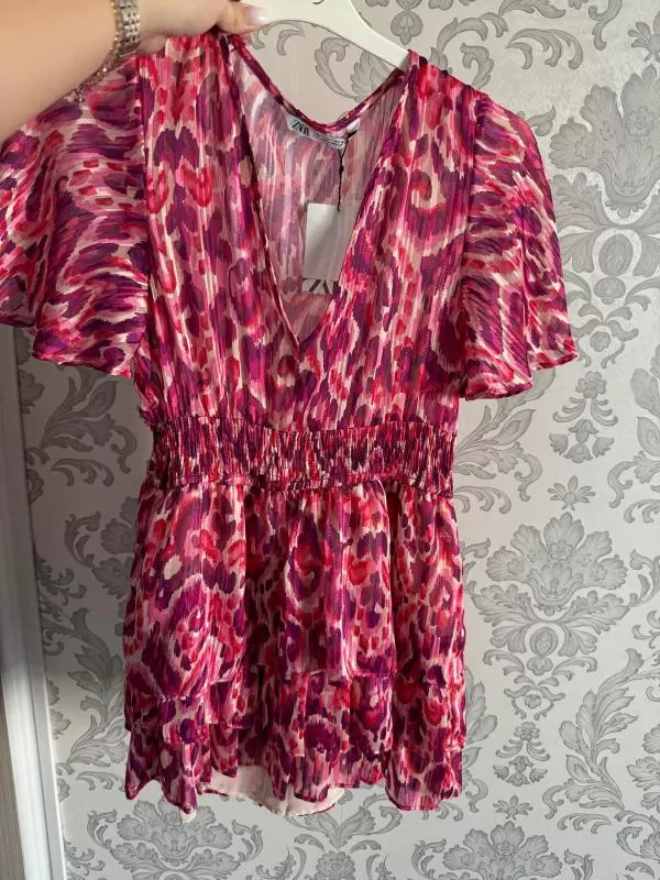 Rochie de vară Zara S | Roz, Mini, Mânecă scurtă, Floral & Tropical, Volane - Image 10
