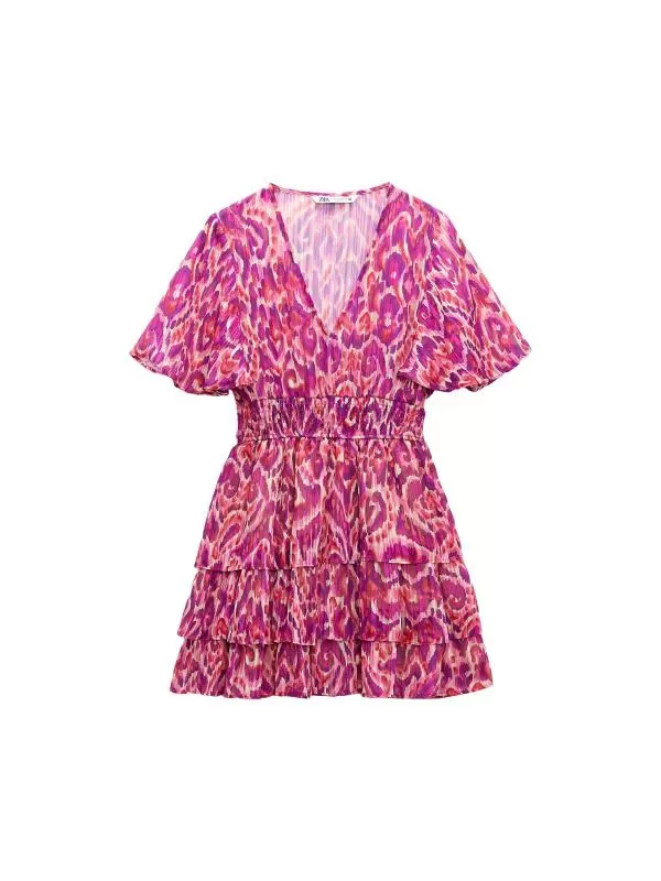 Rochie de vară Zara S | Roz, Mini, Mânecă scurtă, Floral & Tropical, Volane