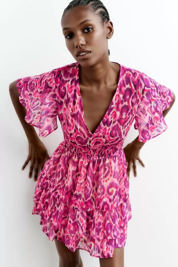 Rochie de vară Zara S | Roz, Mini, Mânecă scurtă, Floral & Tropical, Volane - Image 5