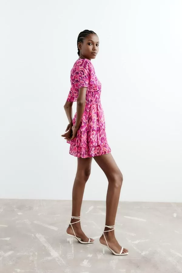 Rochie de vară Zara S | Roz, Mini, Mânecă scurtă, Floral & Tropical, Volane - Image 3