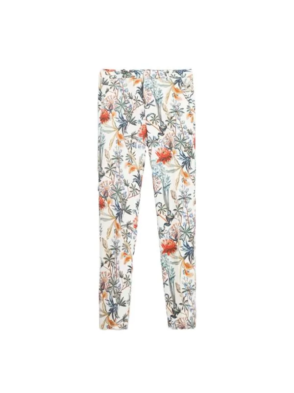 Pantaloni Zara S | Bej, Lungi, Talie joasă, Regular (Standard) fit, Chino, Floral & Tropical