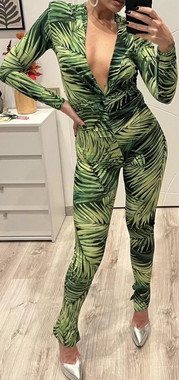 Salopetă EU 34 | Verde, Lungă, Mânecă lungă, Petite, Floral & Tropical, Design petrecut, Mătase - Image 4