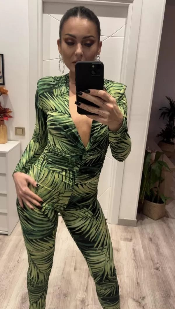 Salopetă EU 34 | Verde, Lungă, Mânecă lungă, Petite, Floral & Tropical, Design petrecut, Mătase - Image 3