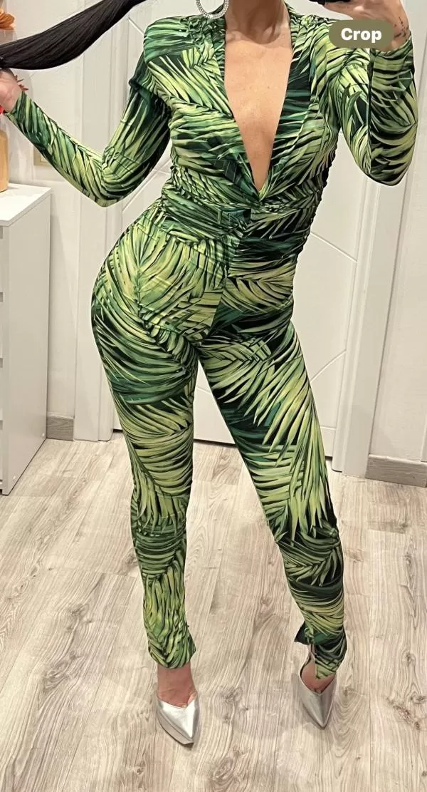 Salopetă EU 34 | Verde, Lungă, Mânecă lungă, Petite, Floral & Tropical, Design petrecut, Mătase - Image 2