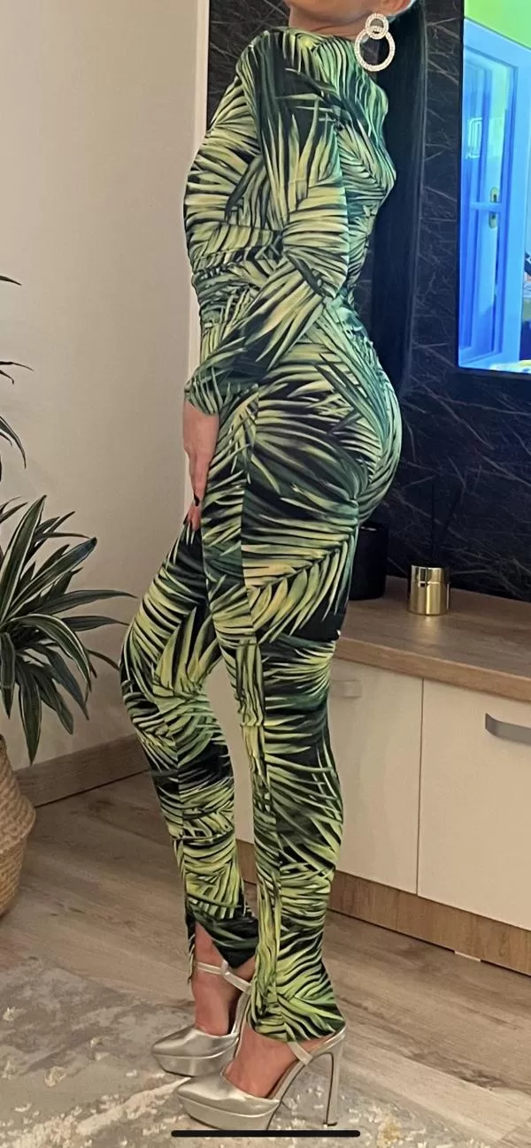 Salopetă EU 34 | Verde, Lungă, Mânecă lungă, Petite, Floral & Tropical, Design petrecut, Mătase - Image 5