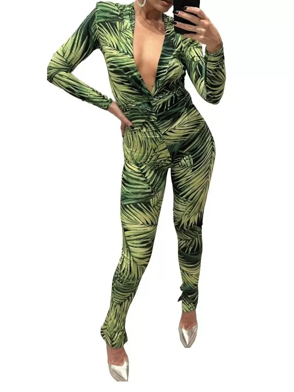 Salopetă EU 34 | Verde, Lungă, Mânecă lungă, Petite, Floral & Tropical, Design petrecut, Mătase