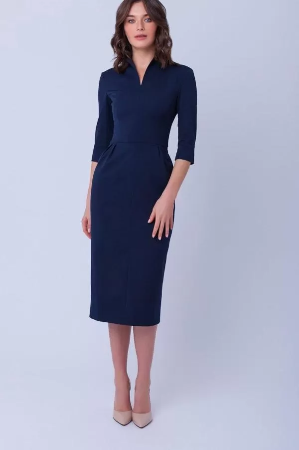 Rochie casual Natalee M | Bleumarin, Midi, Mânecă trei sferturi, Monocrom, Vâscoză - Image 3