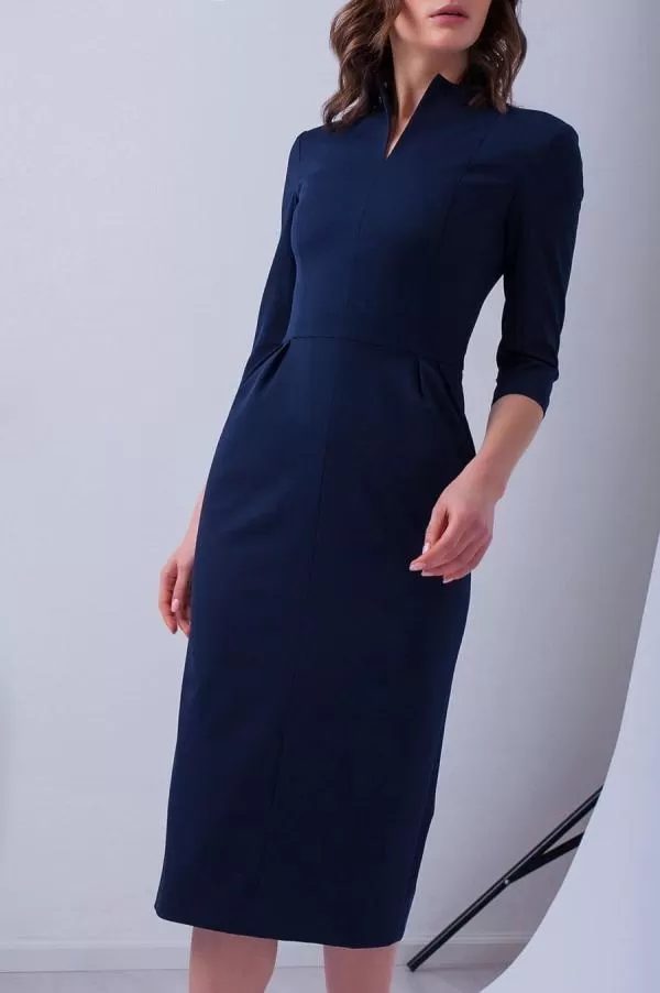 Rochie casual Natalee M | Bleumarin, Midi, Mânecă trei sferturi, Monocrom, Vâscoză - Image 4
