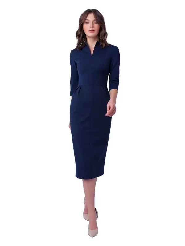Rochie casual Natalee M | Bleumarin, Midi, Mânecă trei sferturi, Monocrom, Vâscoză