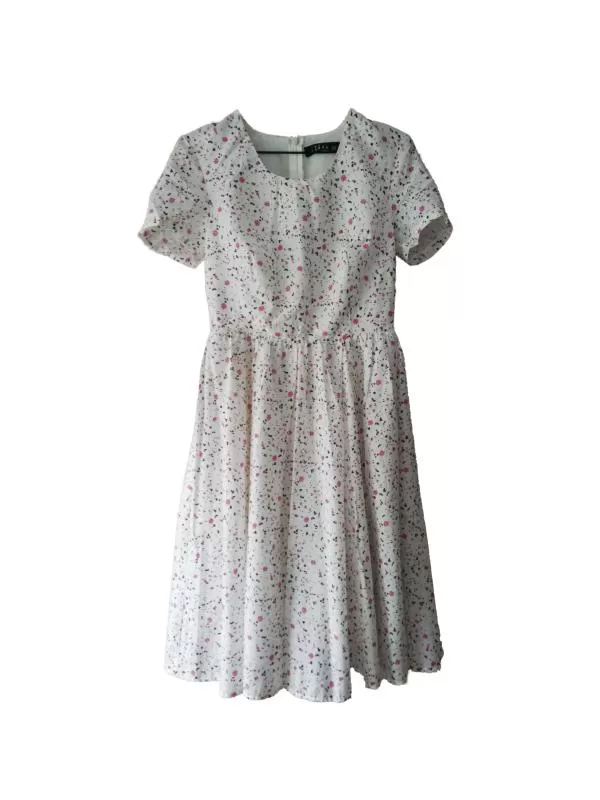 Rochie casual Vanda EU 38 | Alb, Midi, Mânecă scurtă, Floral & Tropical, Bumbac
