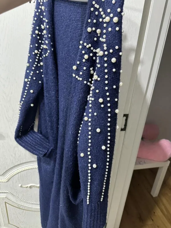 Cardigan Zara EU 36 | Bleumarin, Mânecă lungă, Pietre decorative, Acrilic - Image 3