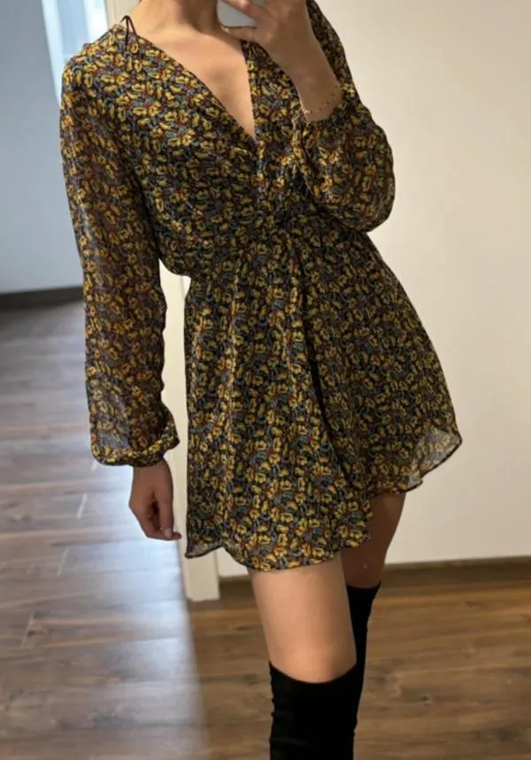 Rochie casual Zara EU 34 | Auriu, Mini, Mânecă lungă, Floral & Tropical, Design petrecut - Image 5