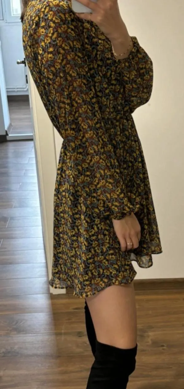 Rochie casual Zara EU 34 | Auriu, Mini, Mânecă lungă, Floral & Tropical, Design petrecut - Image 7