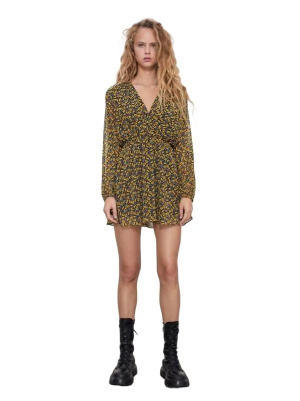 Rochie casual Zara EU 34 | Auriu, Mini, Mânecă lungă, Floral & Tropical, Design petrecut