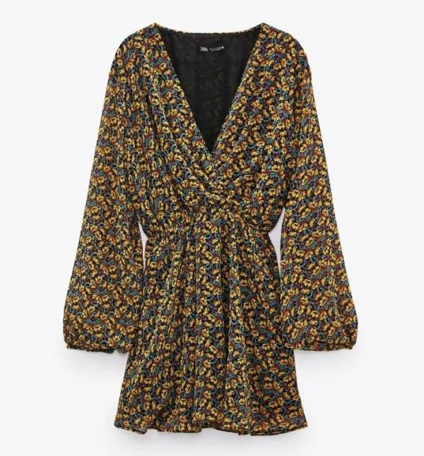 Rochie casual Zara EU 34 | Auriu, Mini, Mânecă lungă, Floral & Tropical, Design petrecut - Image 3