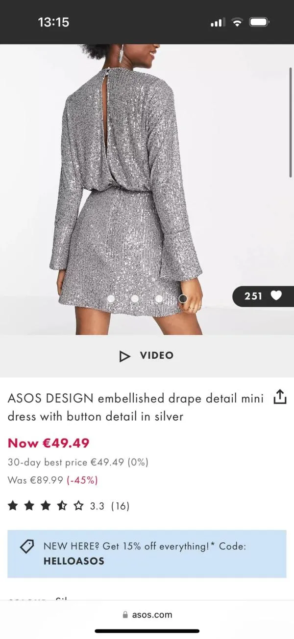 Rochie de seară ASOS EU 34 | Gri, Mini, Mânecă lungă - Image 7