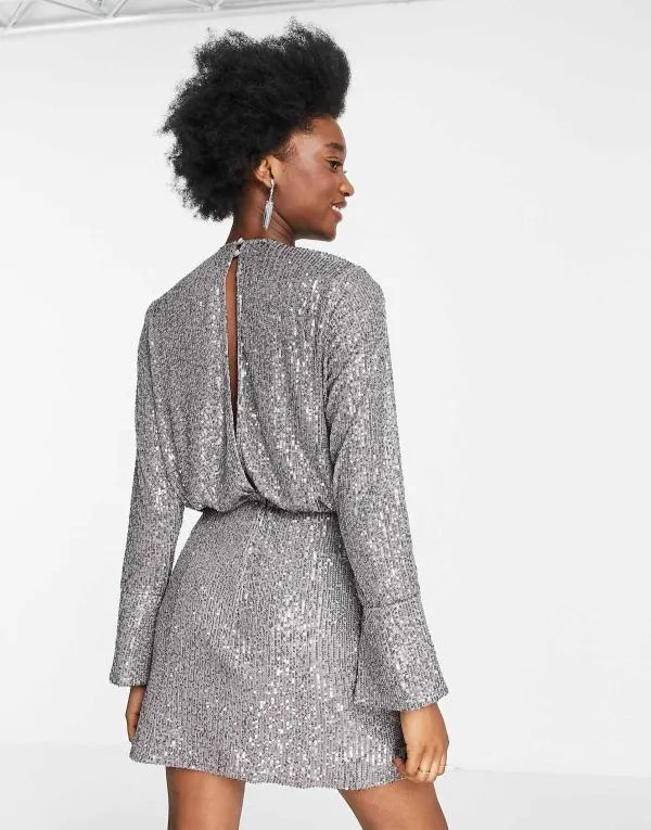 Rochie de seară ASOS EU 34 | Gri, Mini, Mânecă lungă - Image 4