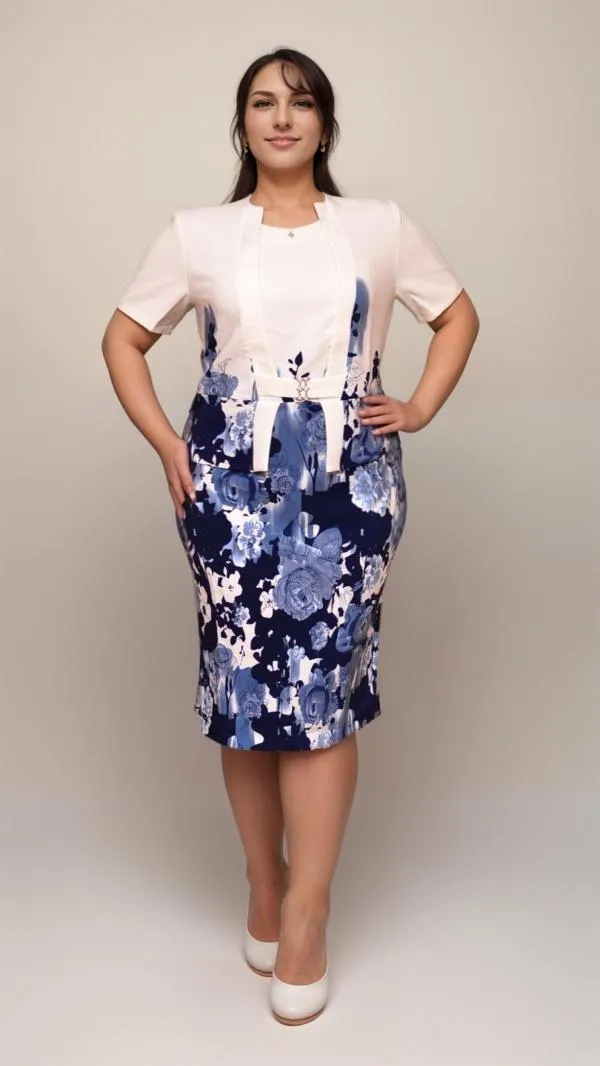 Rochie casual Karina EU 44 | Alb, Midi, Mânecă scurtă, Floral & Tropical, Peplum, Vâscoză - Image 2