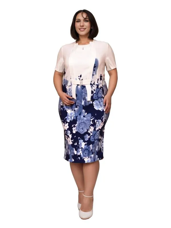 Rochie casual Karina EU 44 | Alb, Midi, Mânecă scurtă, Floral & Tropical, Peplum, Vâscoză