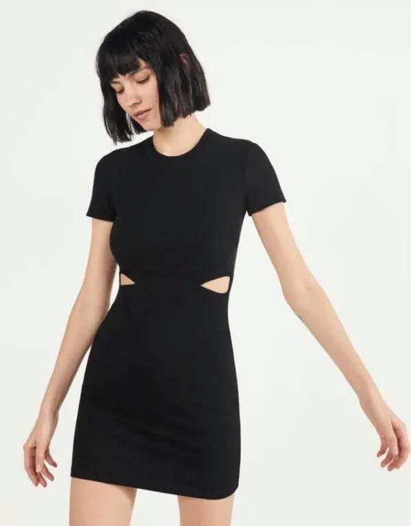 Rochie casual Bershka XS | Negru, Mini, Mânecă scurtă, Cu decupaje, Elastan - Image 2