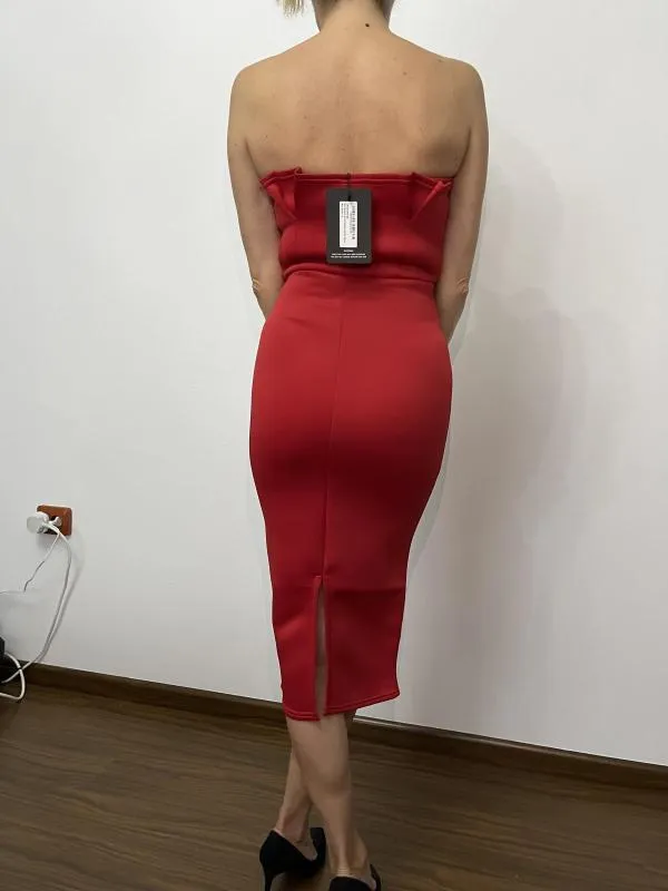 Rochie de ocazie PrettyLittleThing S | Roșu, Midi, Cu umerii goi - Image 2