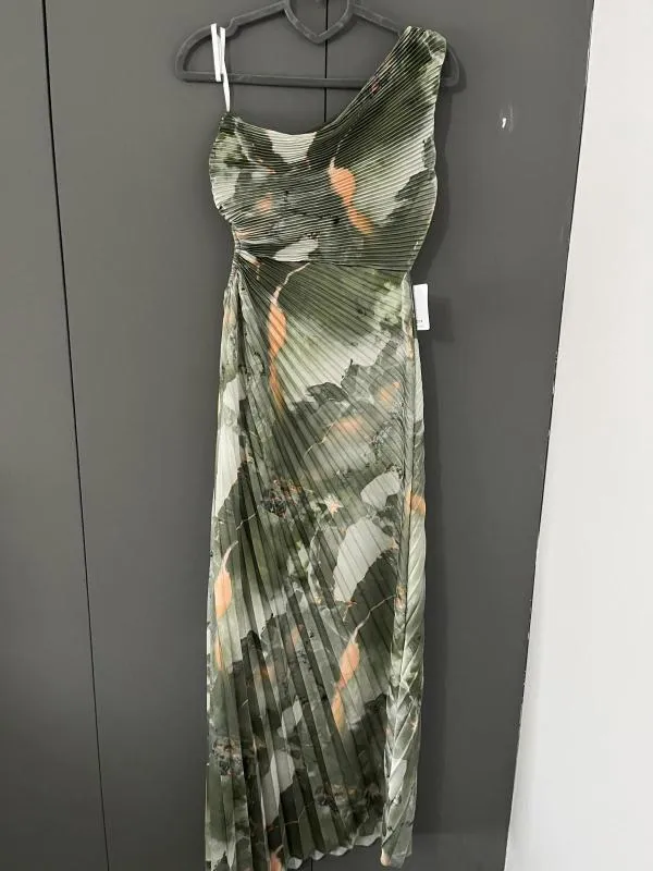 Rochie de ocazie Ghisleri S-M | Khaki, Maxi, Pe un umăr, Floral & Tropical, Pliuri, Poliester - Image 5