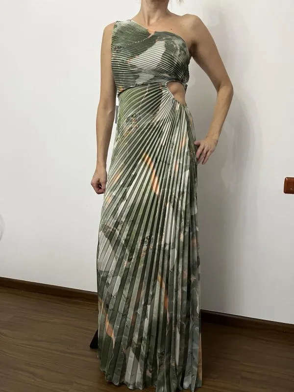 Rochie de ocazie Ghisleri S-M | Khaki, Maxi, Pe un umăr, Floral & Tropical, Pliuri, Poliester - Image 2