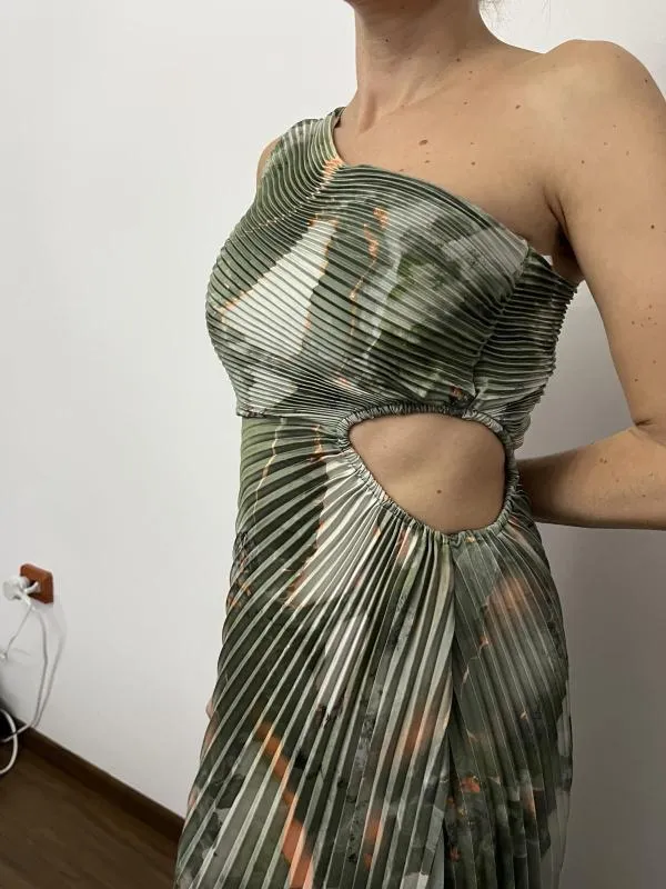 Rochie de ocazie Ghisleri S-M | Khaki, Maxi, Pe un umăr, Floral & Tropical, Pliuri, Poliester - Image 3