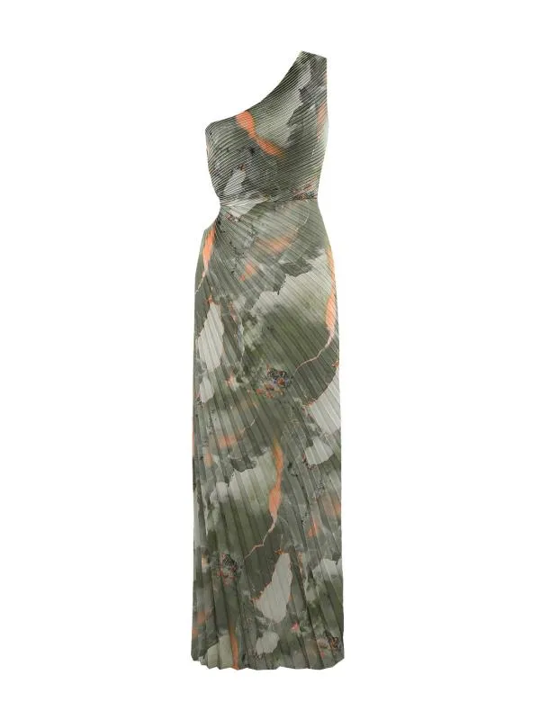 Rochie de ocazie Ghisleri S-M | Khaki, Maxi, Pe un umăr, Floral & Tropical, Pliuri, Poliester