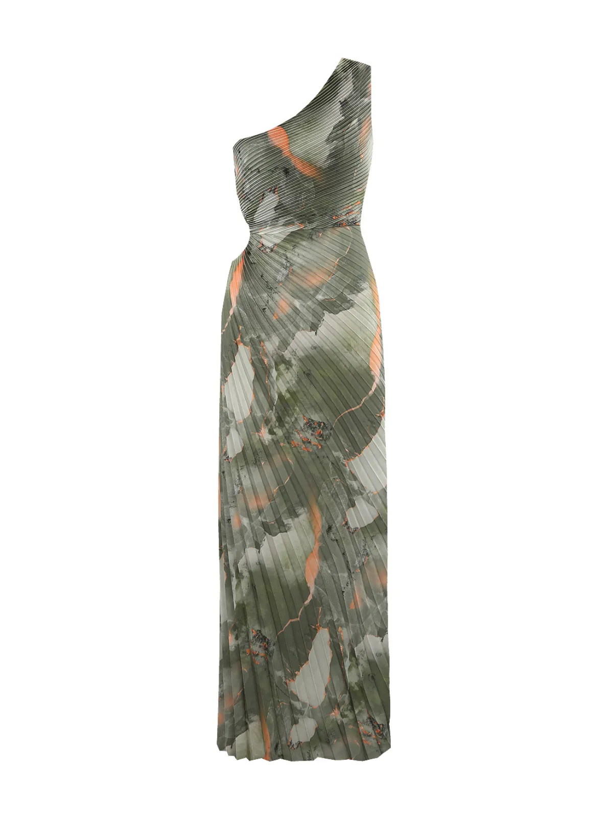 Rochie de ocazie Ghisleri S-M | Khaki, Maxi, Pe un umăr, Floral & Tropical, Pliuri, Poliester