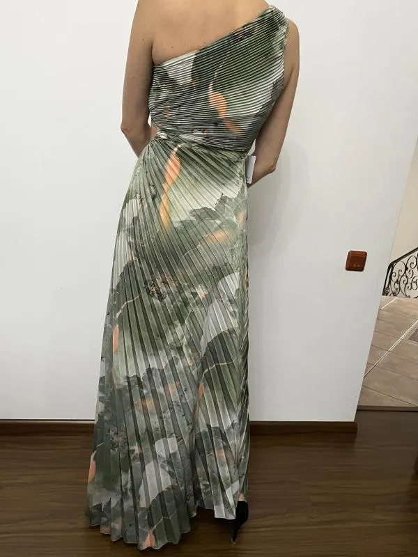 Rochie de ocazie Ghisleri S-M | Khaki, Maxi, Pe un umăr, Floral & Tropical, Pliuri, Poliester - Image 4