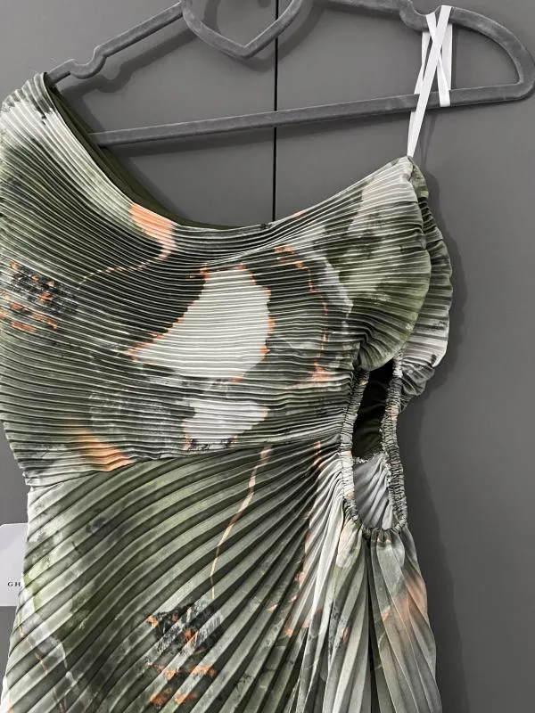 Rochie de ocazie Ghisleri S-M | Khaki, Maxi, Pe un umăr, Floral & Tropical, Pliuri, Poliester - Image 8