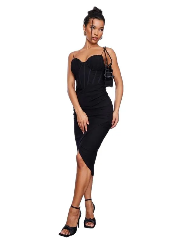 Rochie de ocazie PrettyLittleThing S | Negru, Midi, Bretele subțiri, Transparent